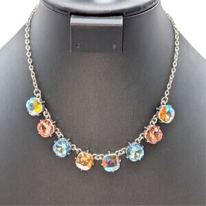 Large Square AB Crystal Silver Tone Necklace 16.5"-19"